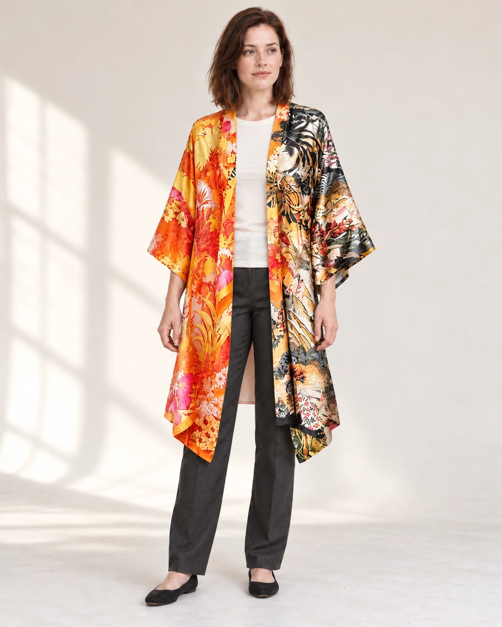 Mixed-Print Longline Cover-Up, styling view, SKU N10173