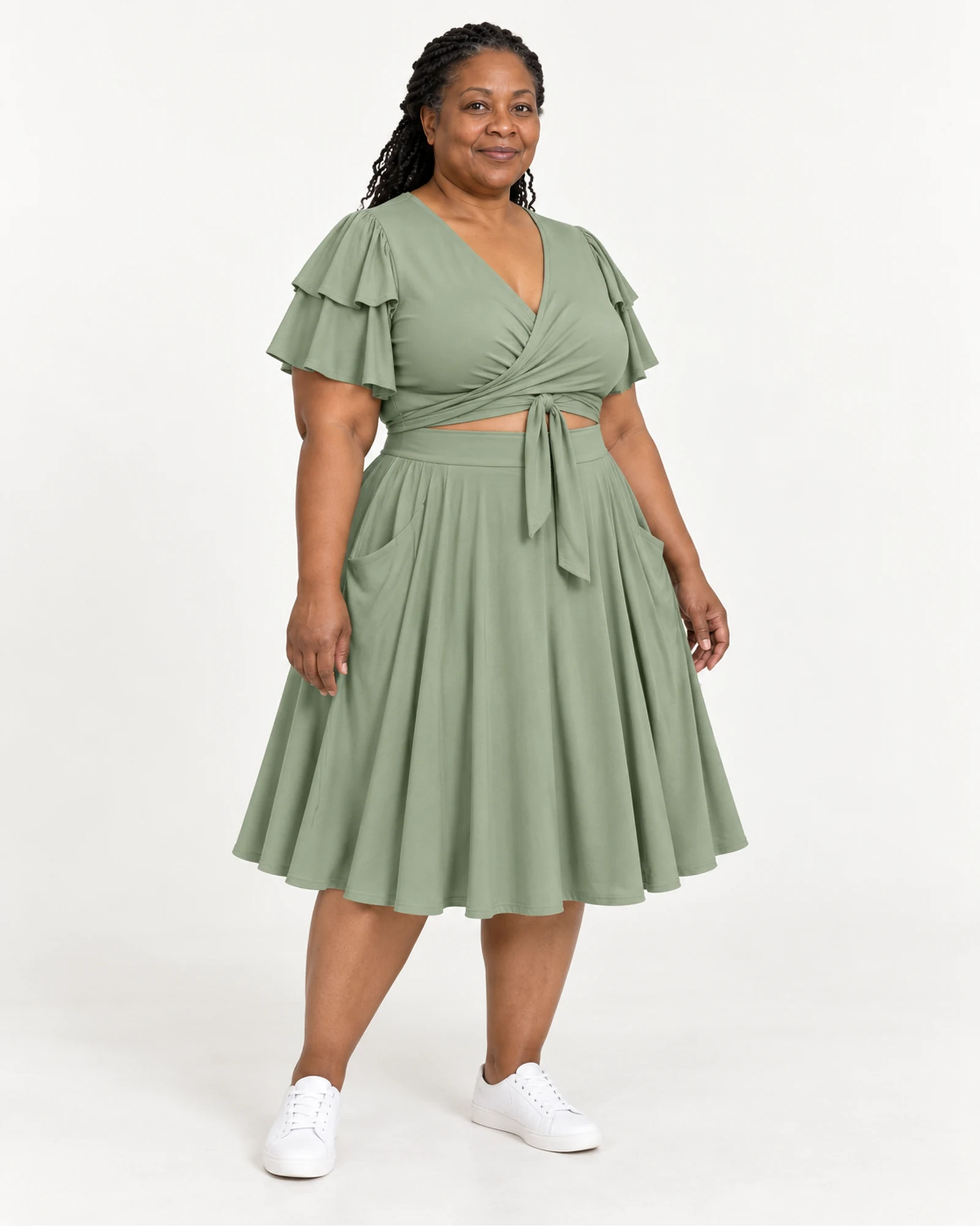 Tie-Front Flutter-Sleeve Skirt Set, styling view, SKU N7991