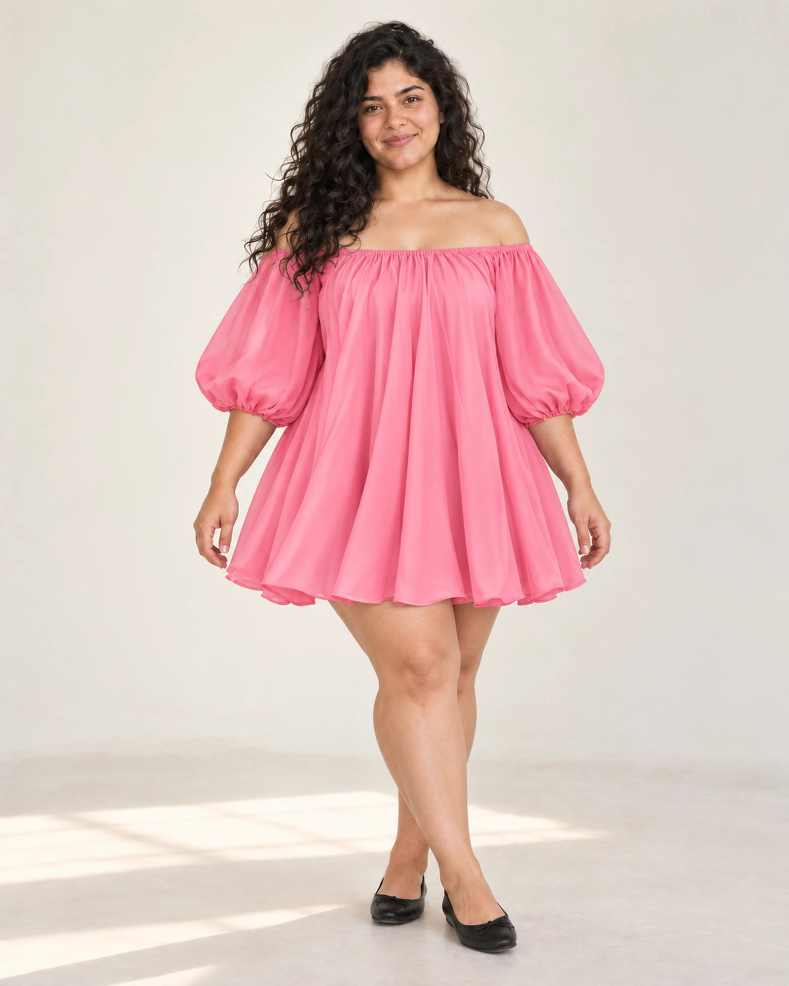 Off-Shoulder Balloon-Sleeve Dress, styling view, SKU N8152