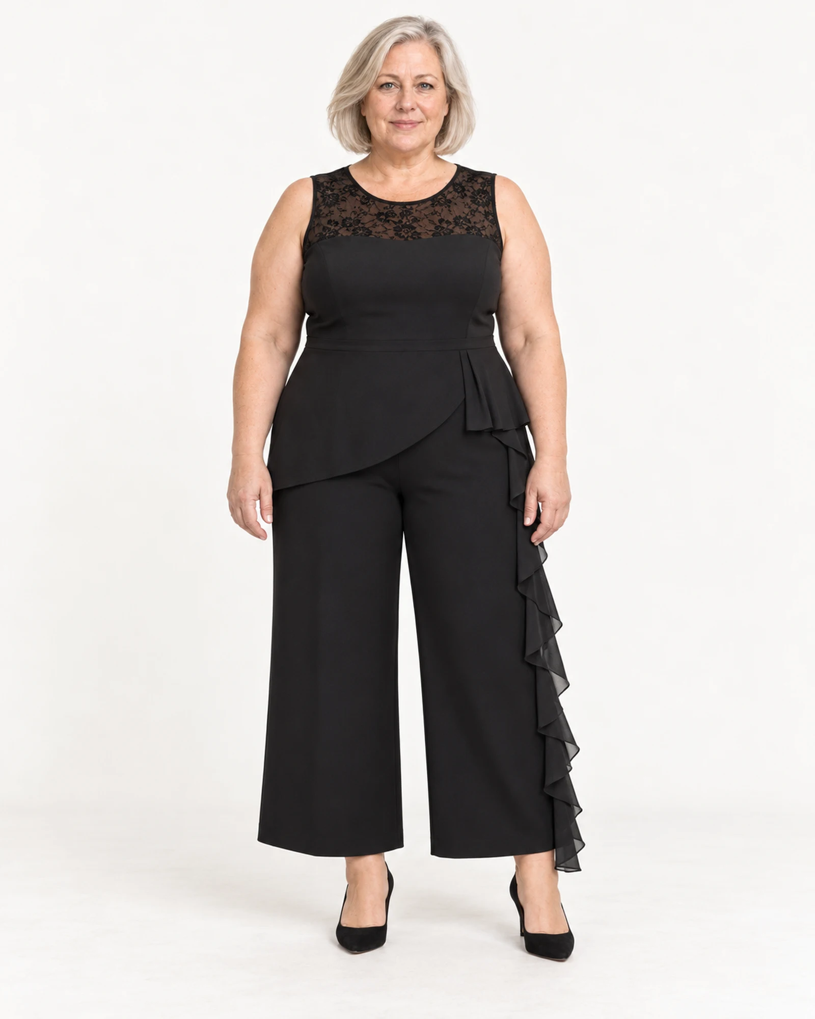 Lace-Yoke Ruffle-Detail Jumpsuit, styling view, SKU P3047