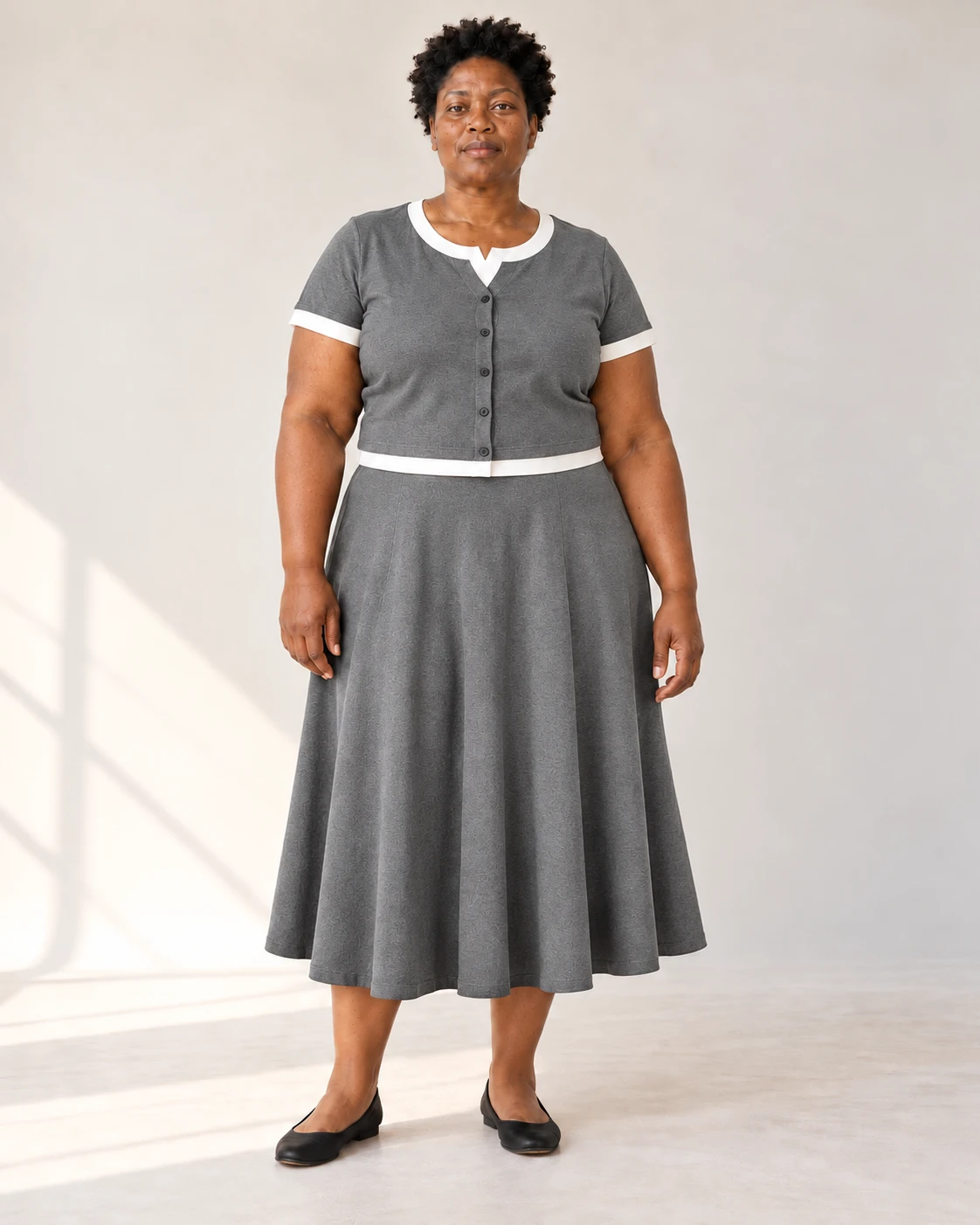 Grey two-piece set contrast-trim set, front styling view; SKU 1033218276208