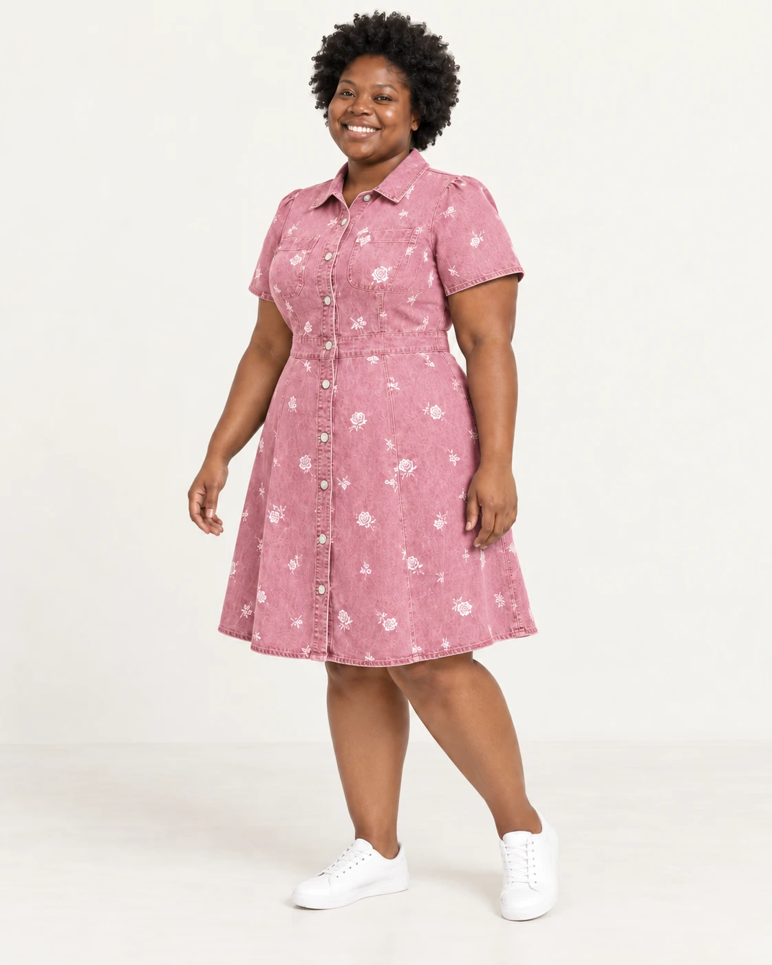 Pink floral shirt dress, front styling view; SKU 730130287664