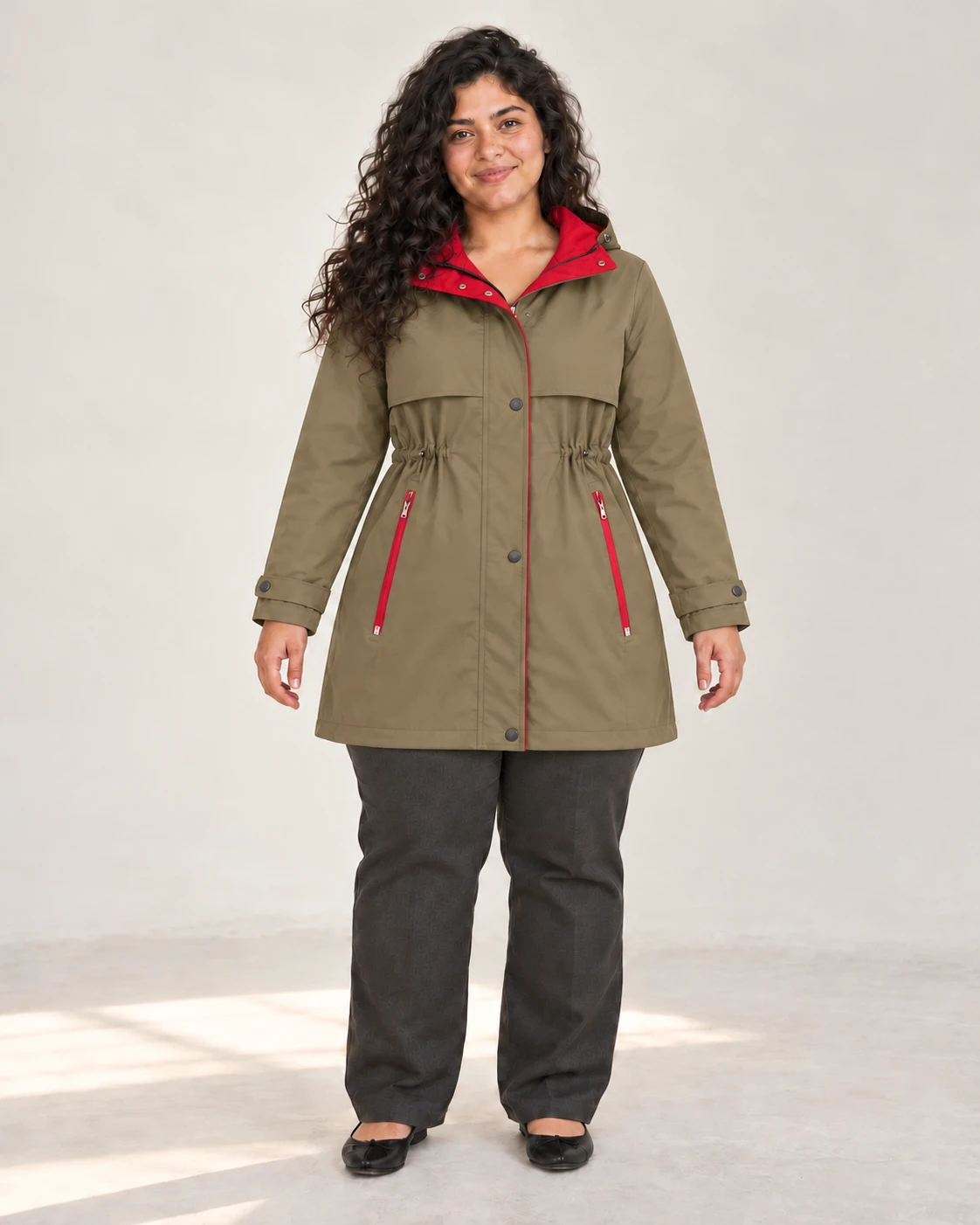 Khaki hooded coat, front styling view; SKU 730858688935