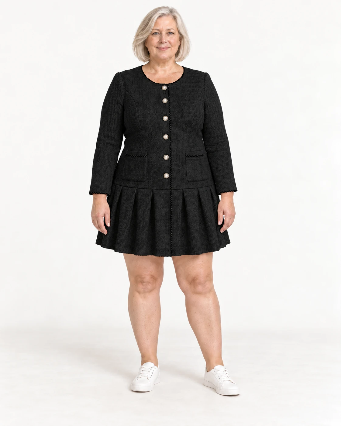 Black pleated-hem garment, front styling view; SKU 737254328213