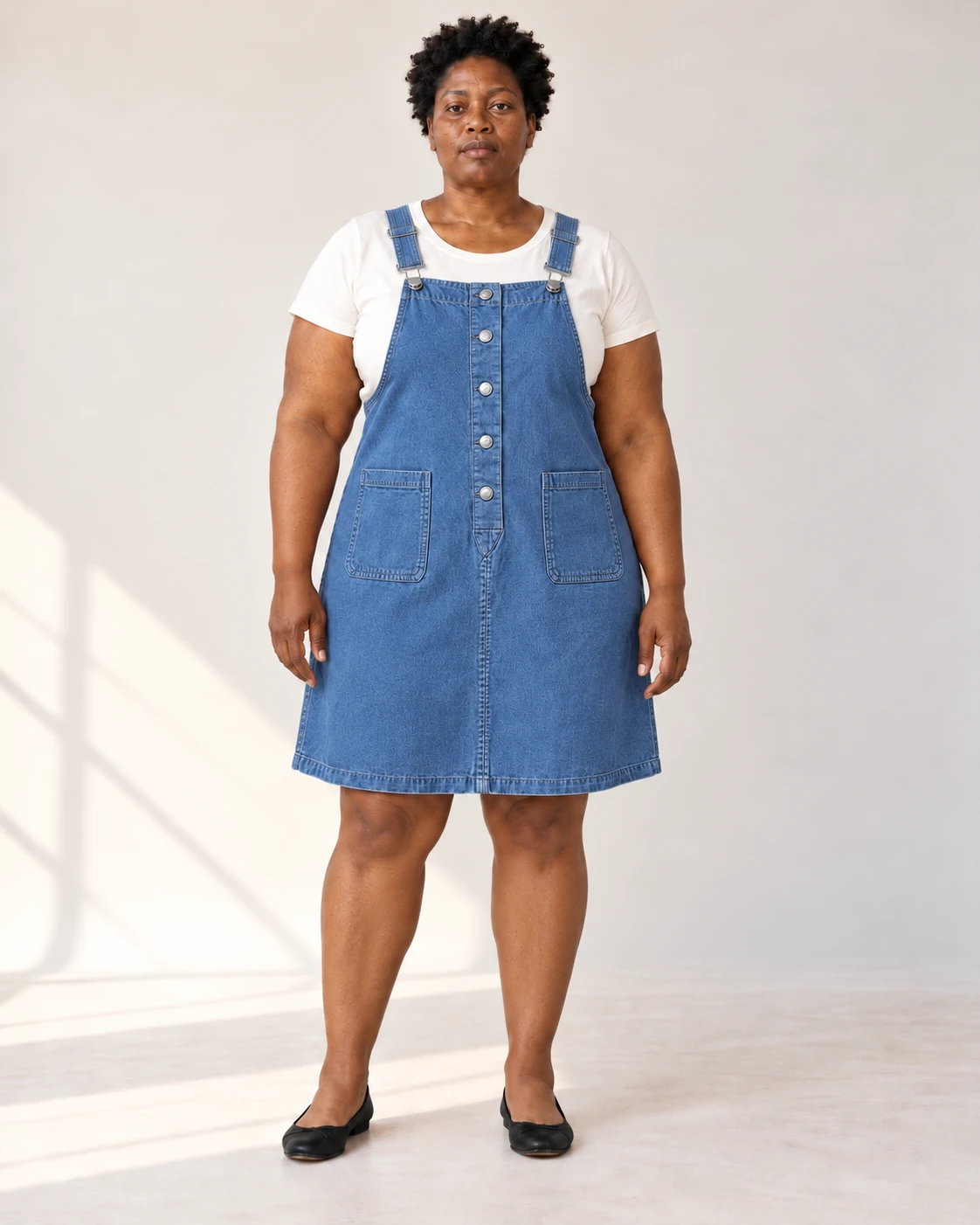 Blue pinafore dress, front styling view; SKU 819071224776