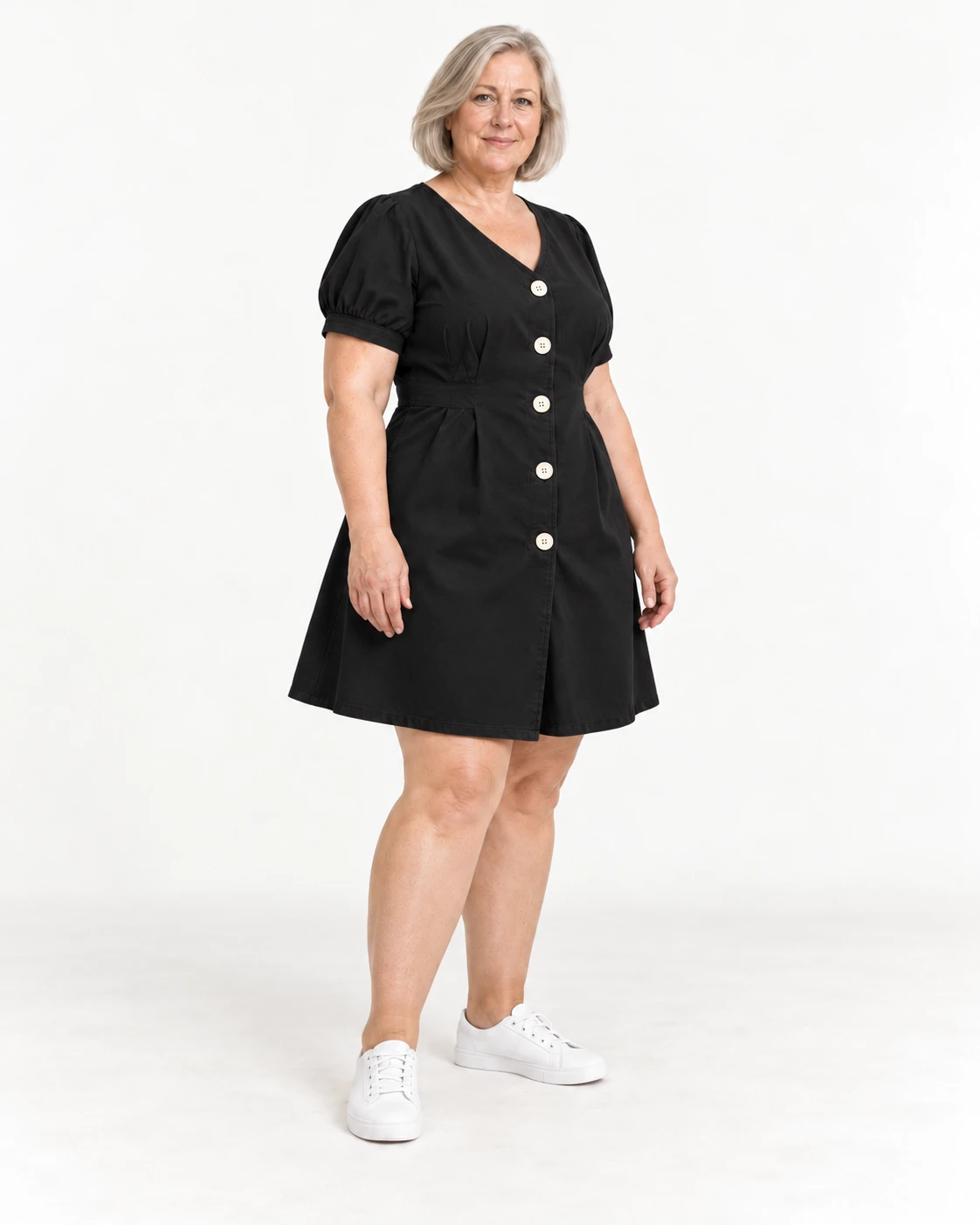 Black button-front dress, front styling view; SKU 935724423886
