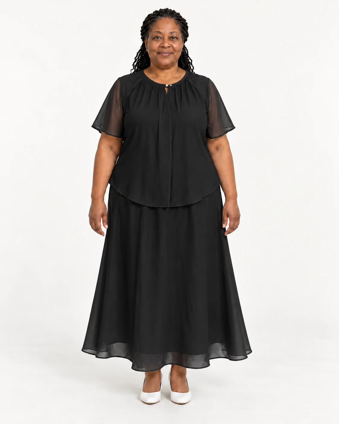Black blouse and skirt set, front styling view; SKU 948640916611