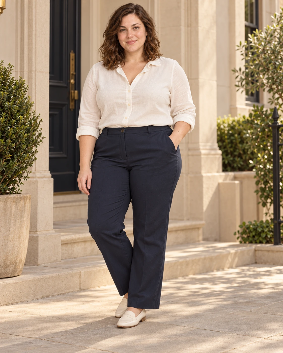 Plus-size woman wearing an ivory blouse and navy trousers outside a stone townhouse.