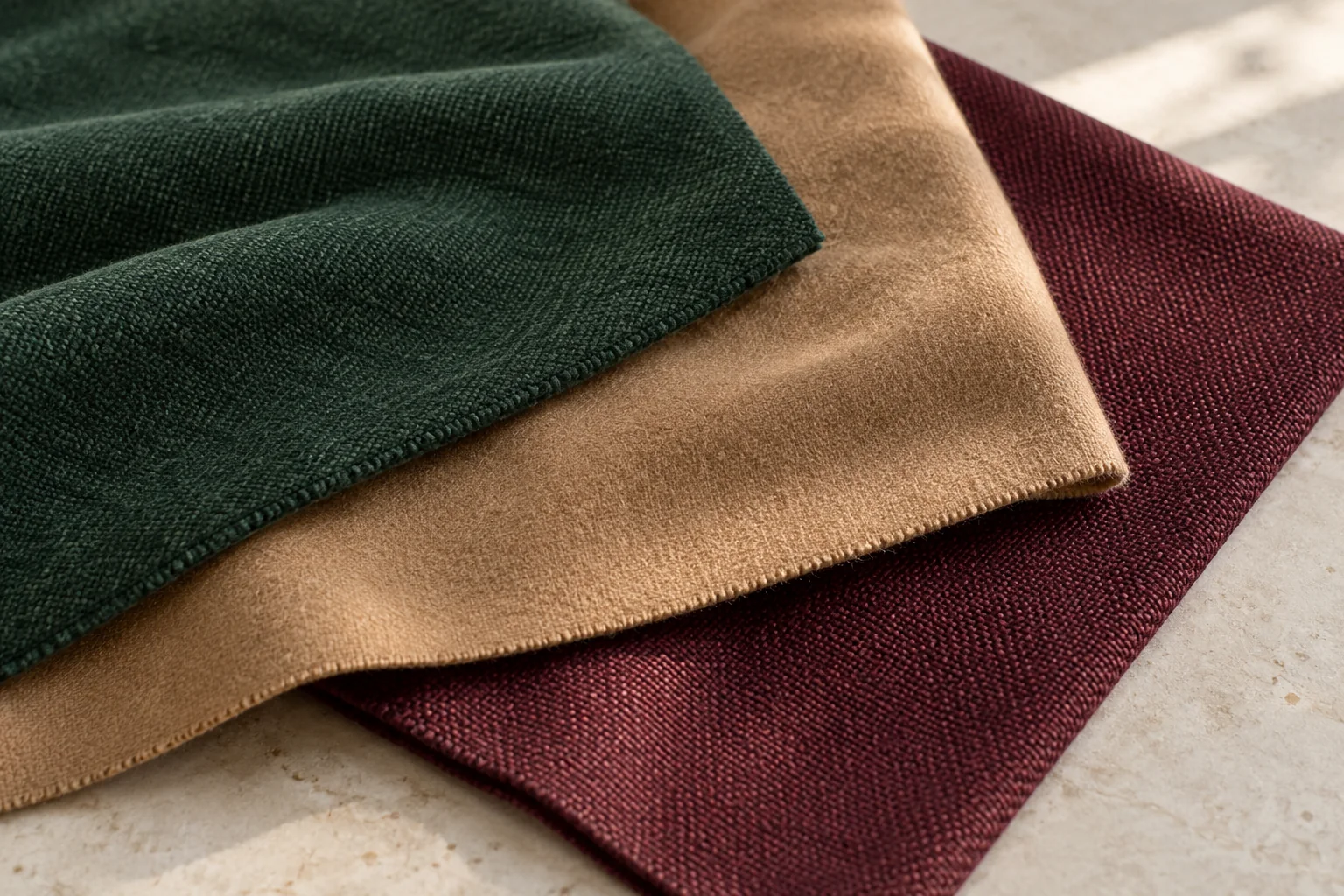 Forest green, camel and burgundy fabric swatches.