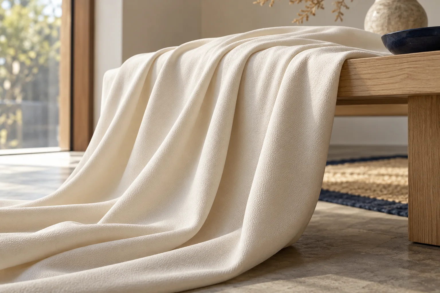 Ivory fabric falling in long folds over a light wooden table.