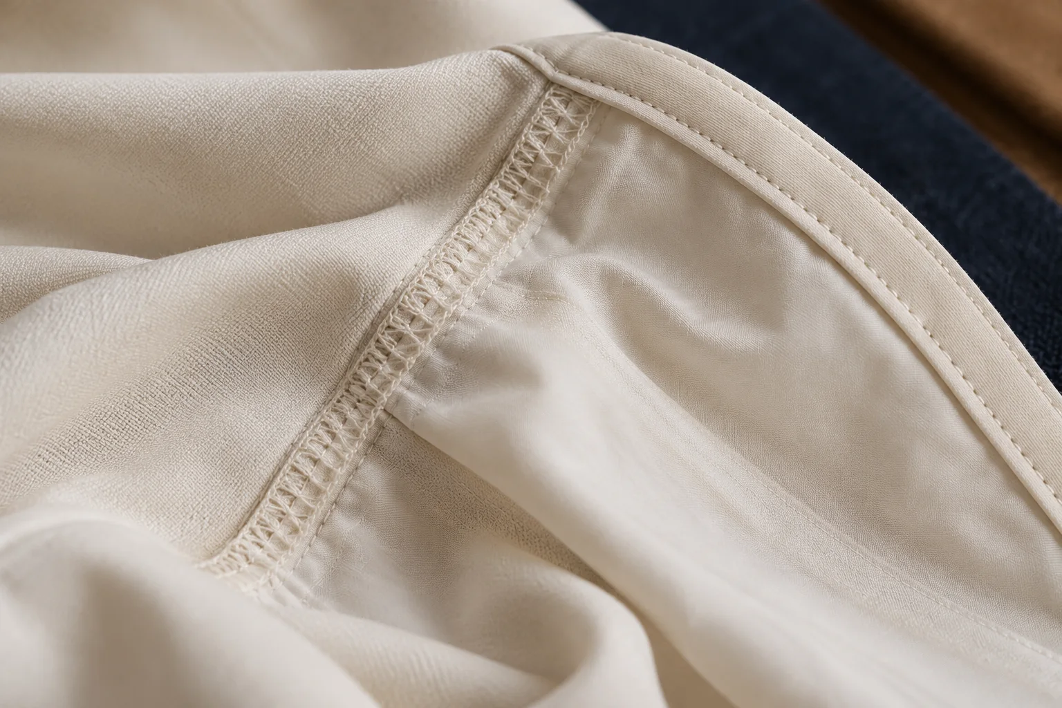 Inside seam and bound edge of an ivory garment.