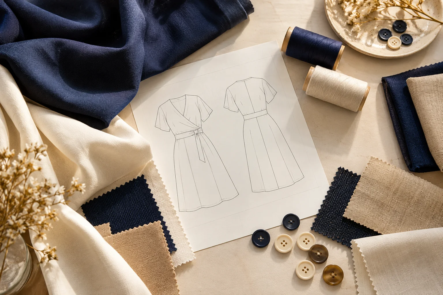 Fabric swatches, thread, buttons and garment drawings arranged on a table.