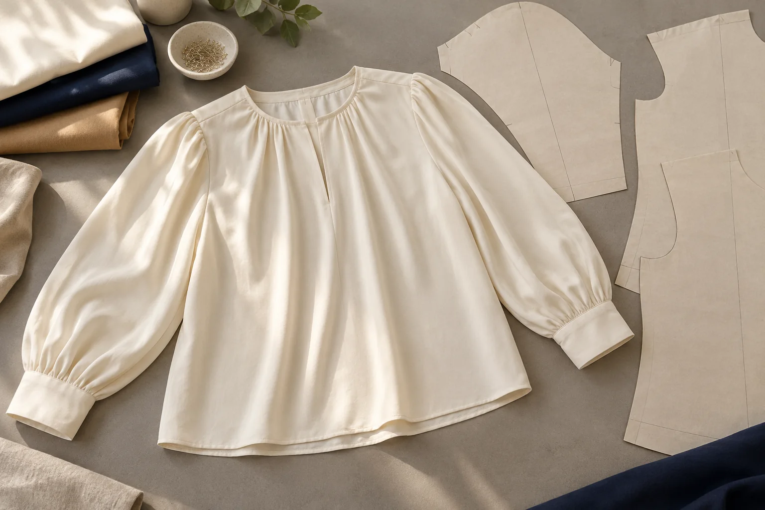 Blouse sample beside bodice and sleeve pattern pieces.