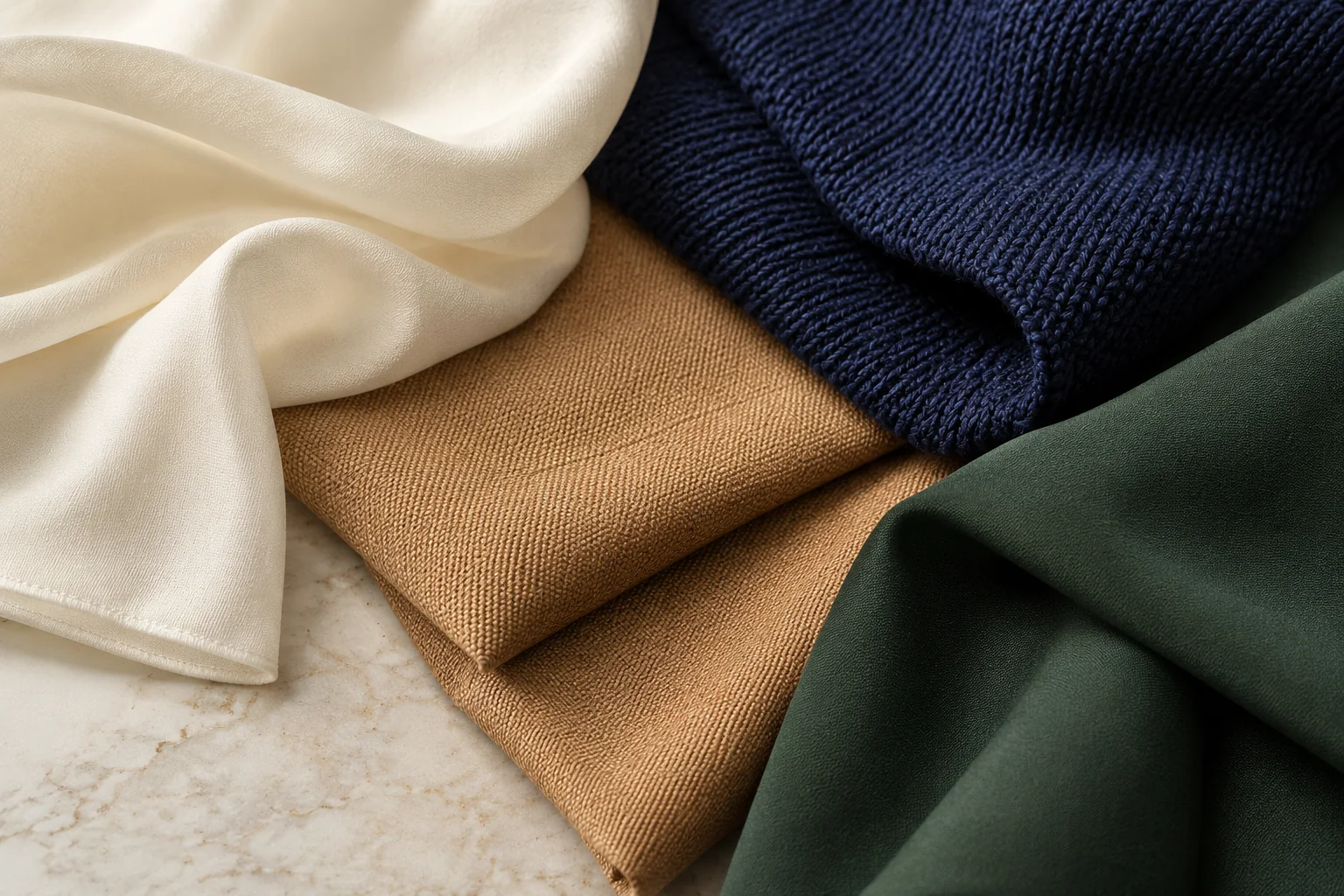 Ivory, navy, camel and forest green textiles showing different surface structures.