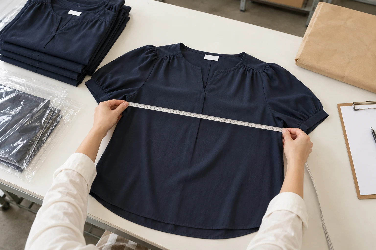 Hands measuring a navy blouse beside folded garments, blank labels and packing materials.