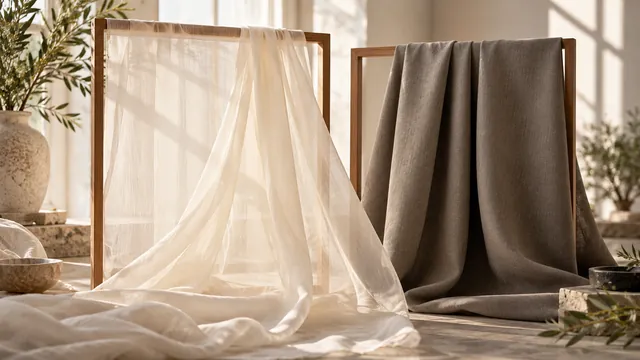Light and dense fabrics hanging in wooden frames — editorial concept