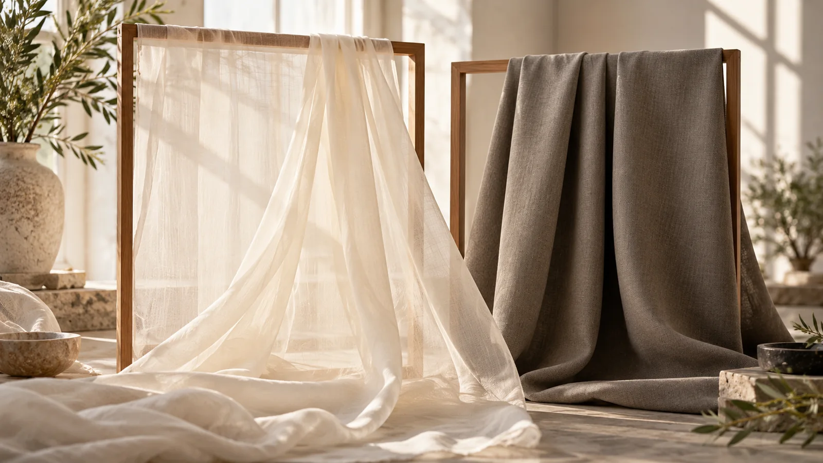 Light and dense fabrics hanging in wooden frames — editorial concept
