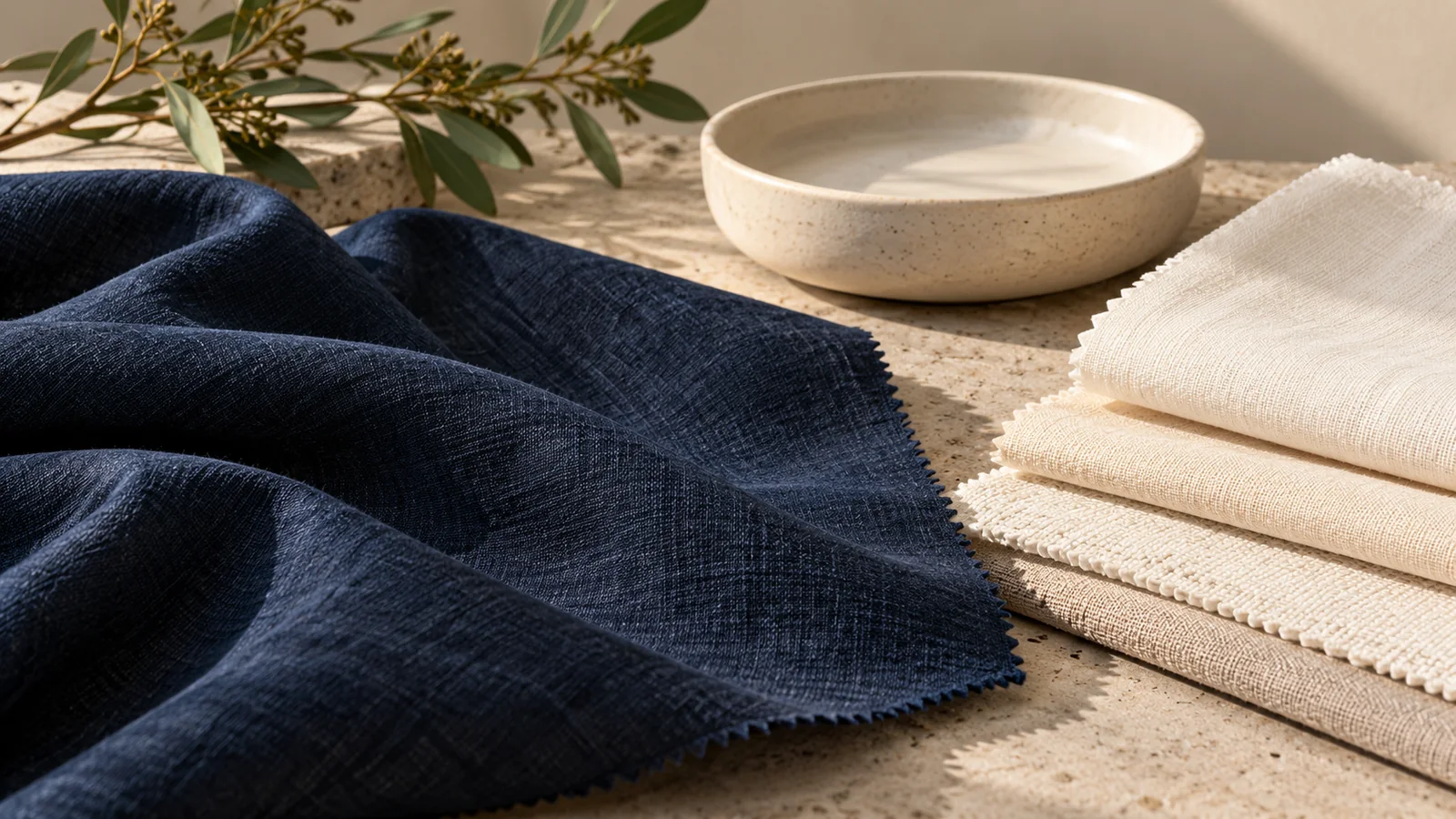 Indigo and cream fabric swatches on a table — editorial concept
