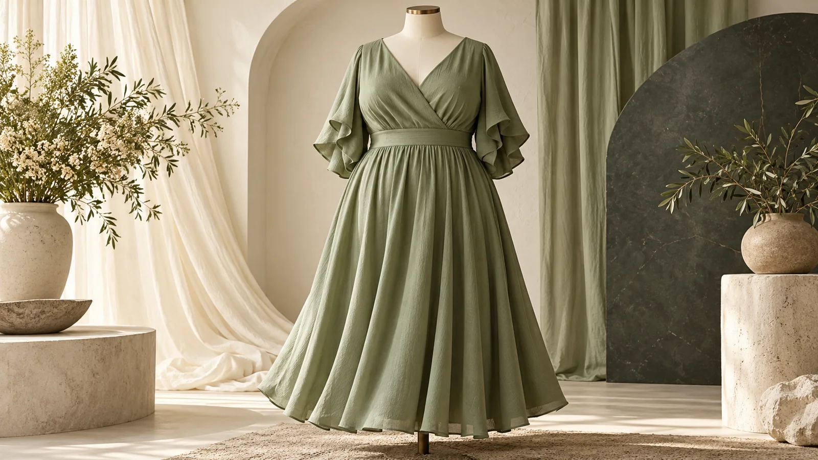 Sage dress with a gathered skirt on a form — editorial concept