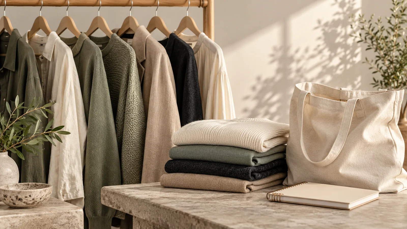 Neutral clothing rail beside folded household textiles — editorial concept
