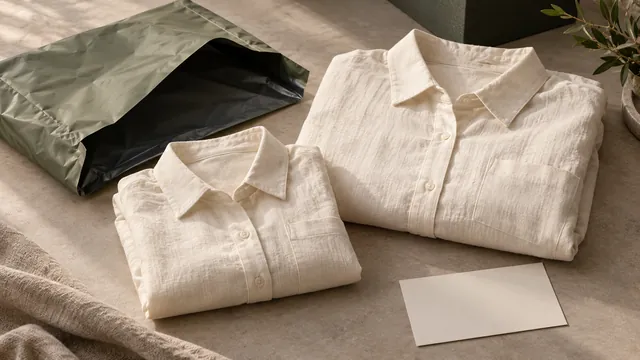 Two cream shirts beside a plain return parcel — editorial concept