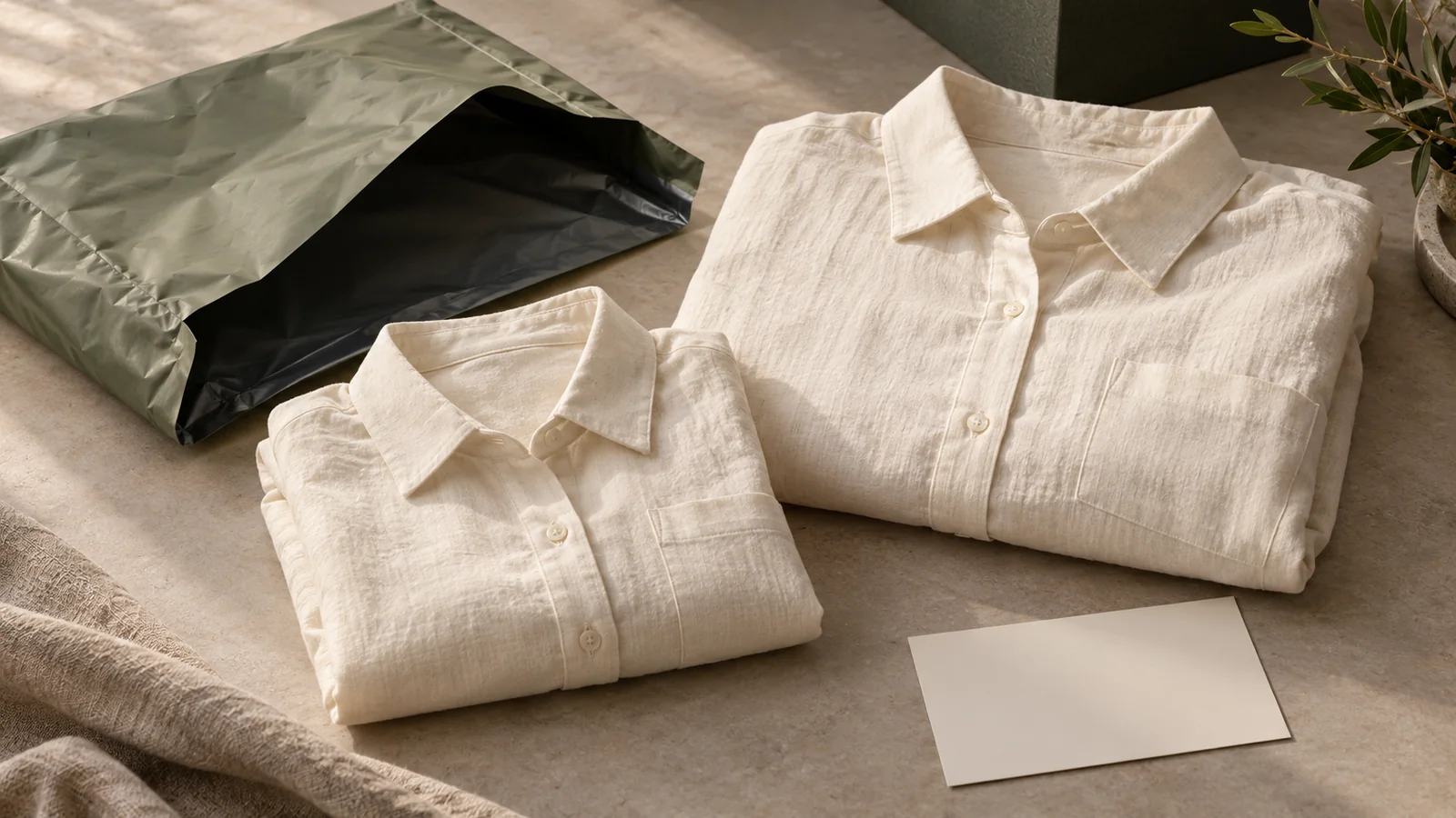 Two cream shirts beside a plain return parcel — editorial concept