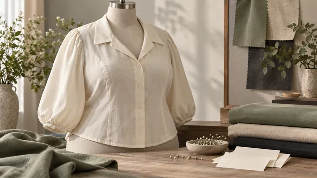 Cream blouse on a dress form beside sample materials — editorial concept