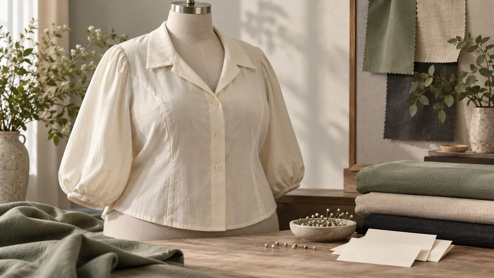 Cream blouse on a dress form beside sample materials — editorial concept