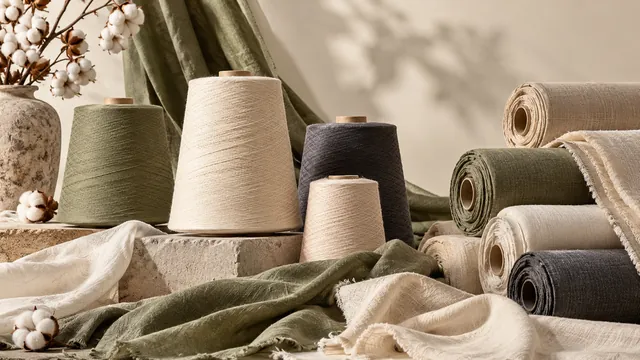 Yarn spools and fibres in neutral tones — editorial concept