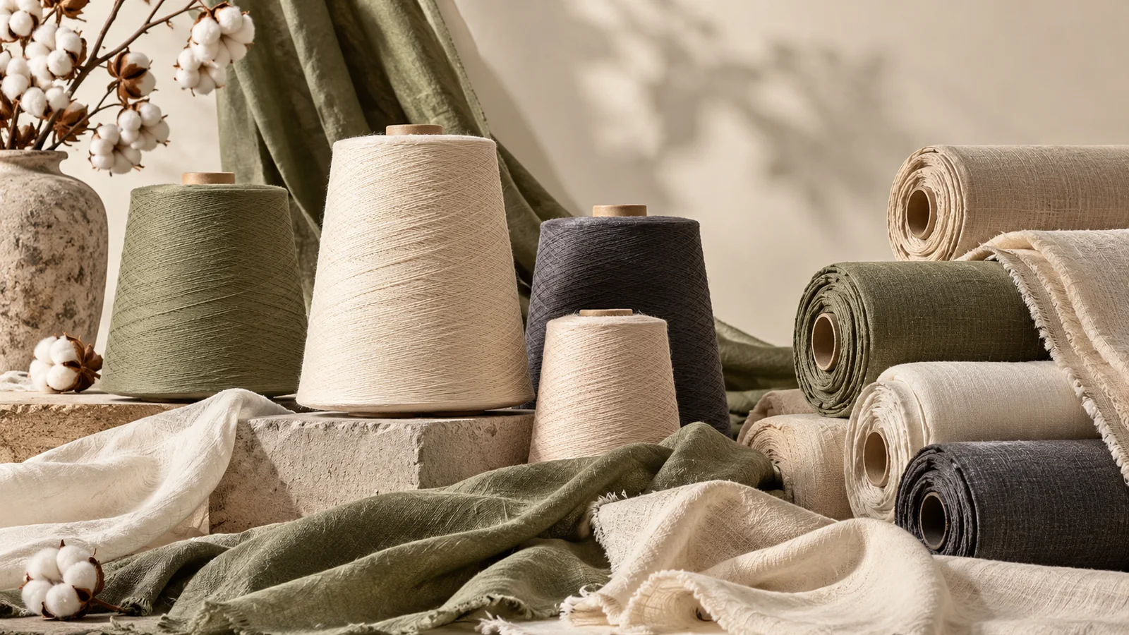 Yarn spools and fibres in neutral tones — editorial concept