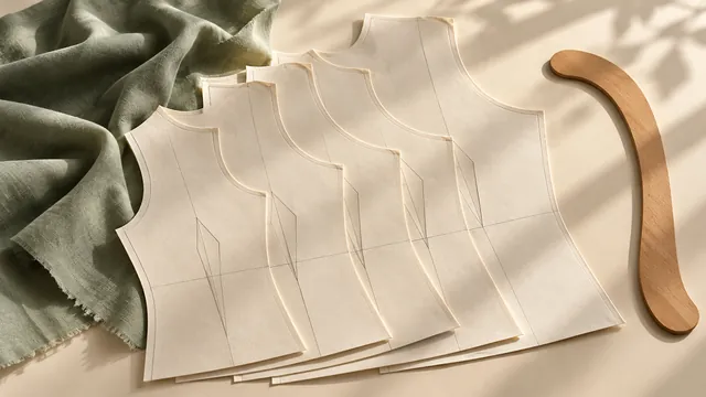 Layered bodice paper patterns beside a curved ruler — editorial concept