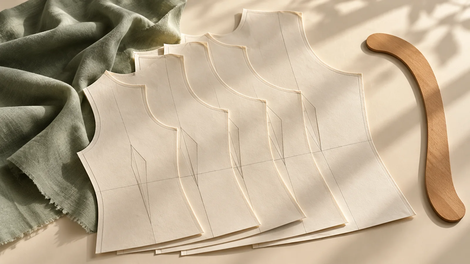 Layered bodice paper patterns beside a curved ruler — editorial concept