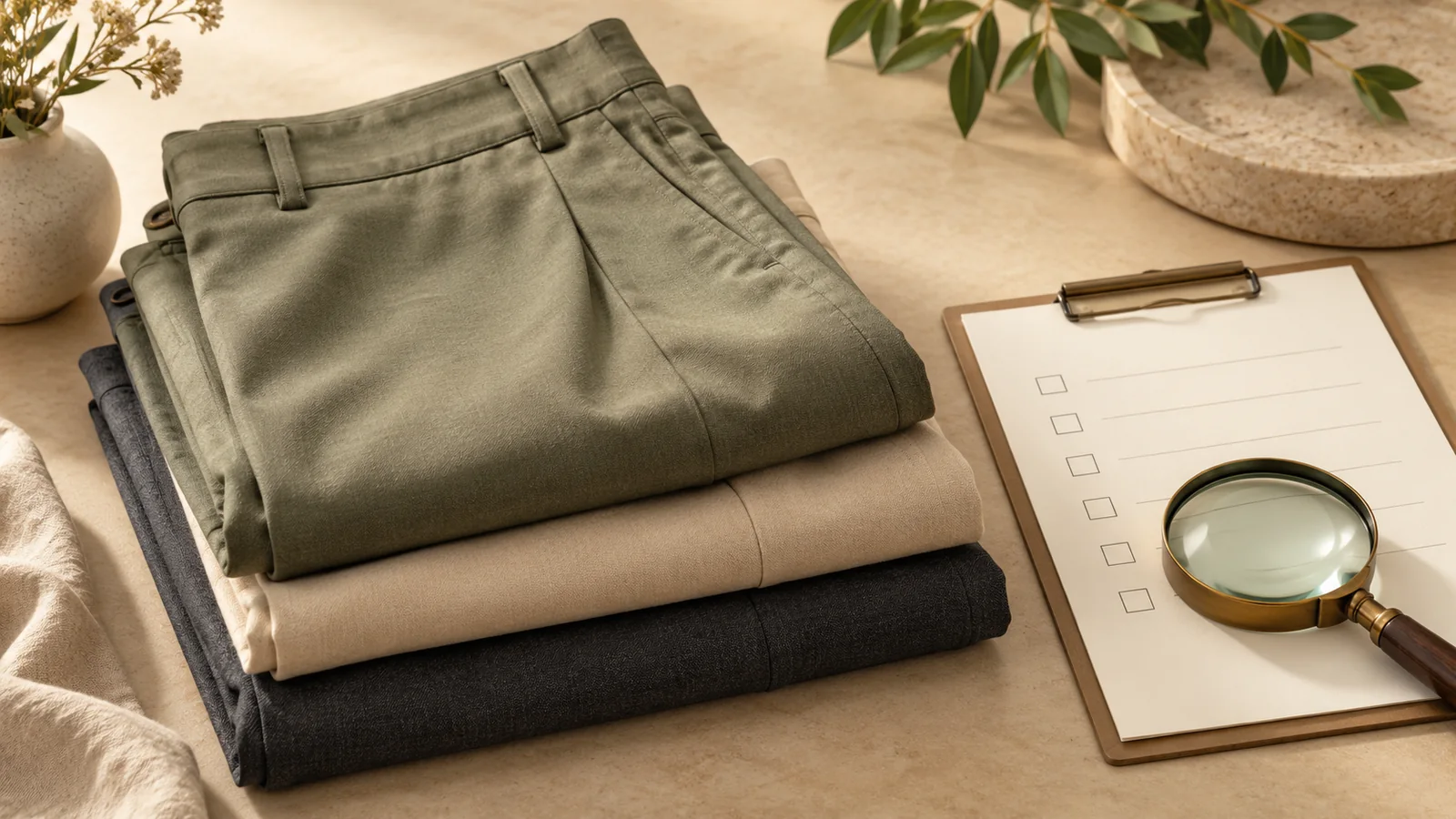 Folded trousers beside inspection stationery — editorial concept