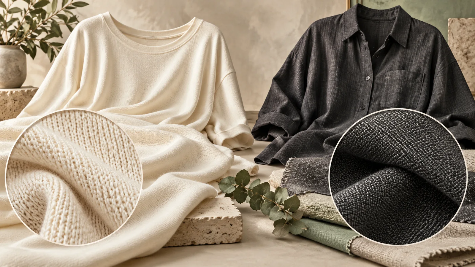 Knit and woven garments with a texture close-up — editorial concept