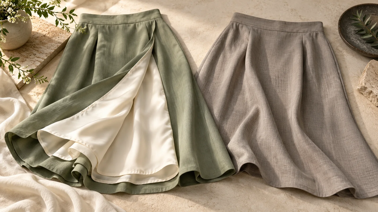 Sage skirt constructions with and without lining — editorial concept