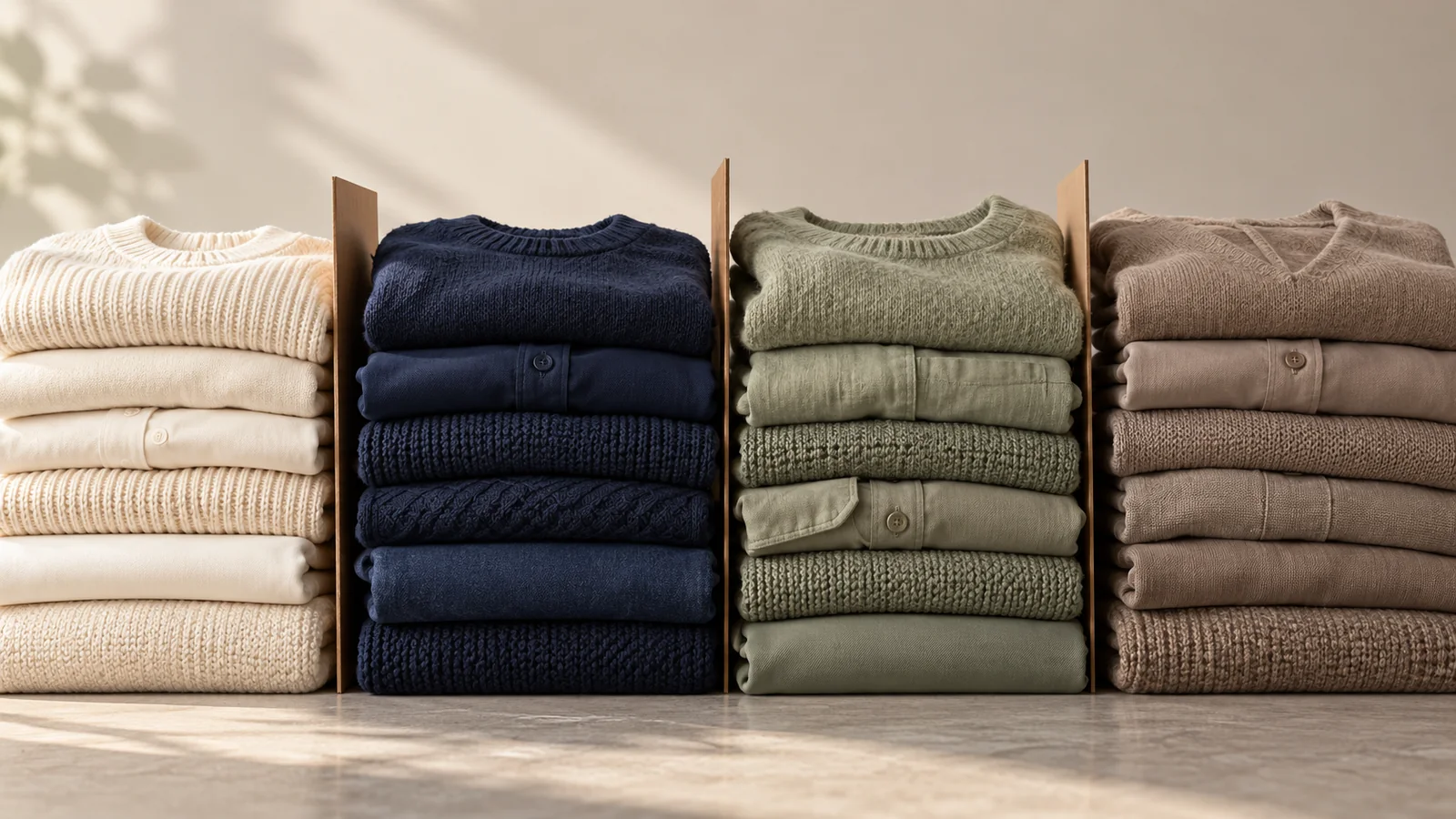 Stacks of garments in cream, navy, sage and taupe — editorial concept