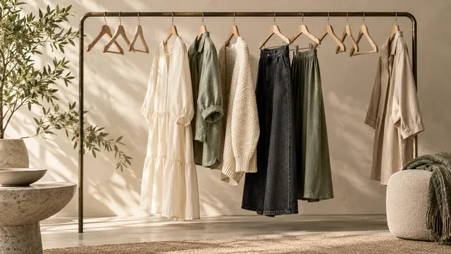 Garments and empty hangers on an unbranded rail — editorial concept