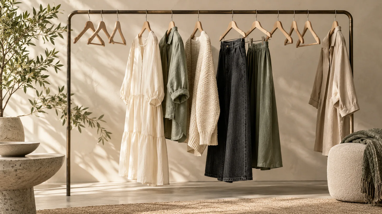 Garments and empty hangers on an unbranded rail — editorial concept