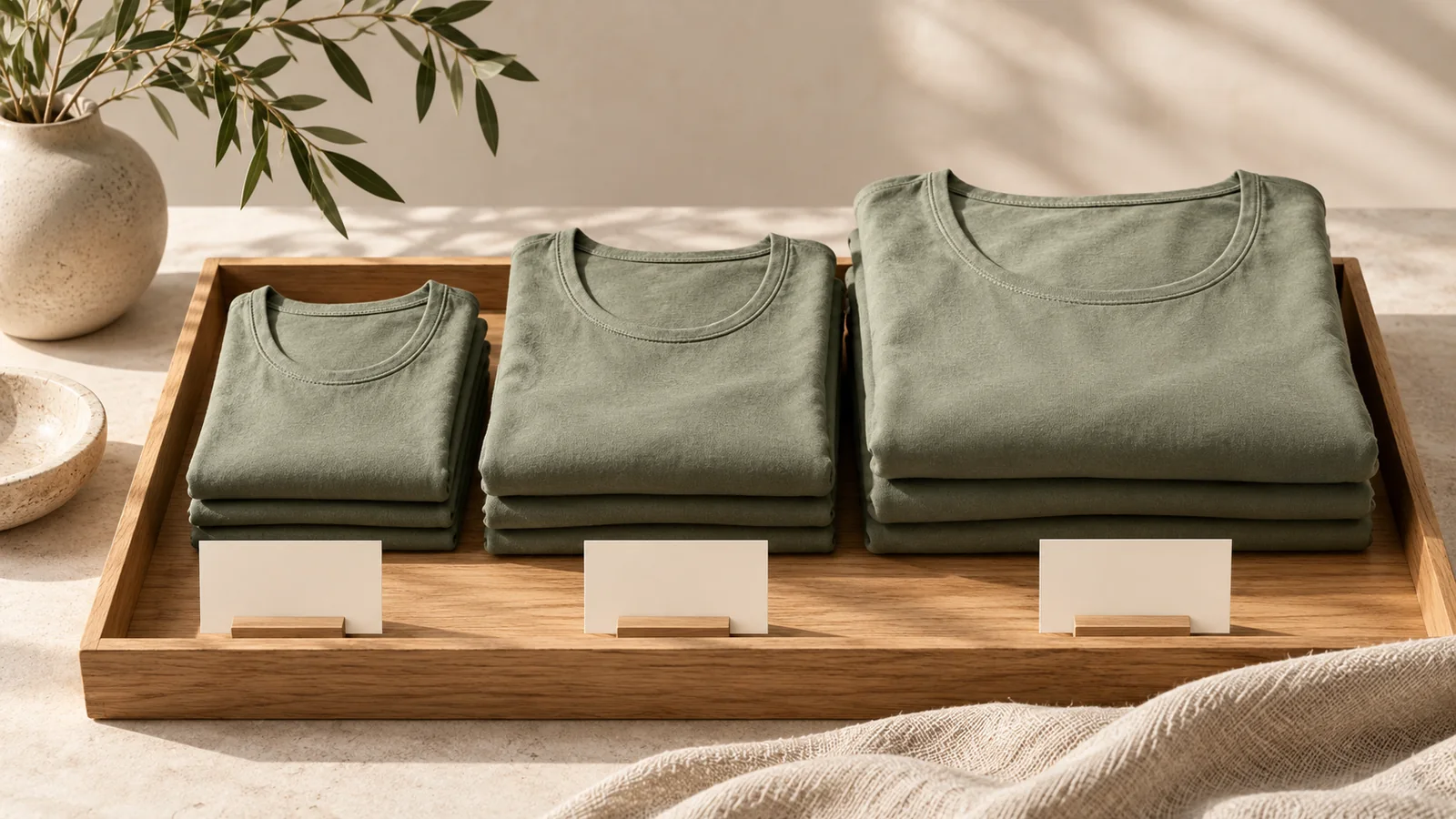 Folded sage tops arranged in a wooden tray — editorial concept