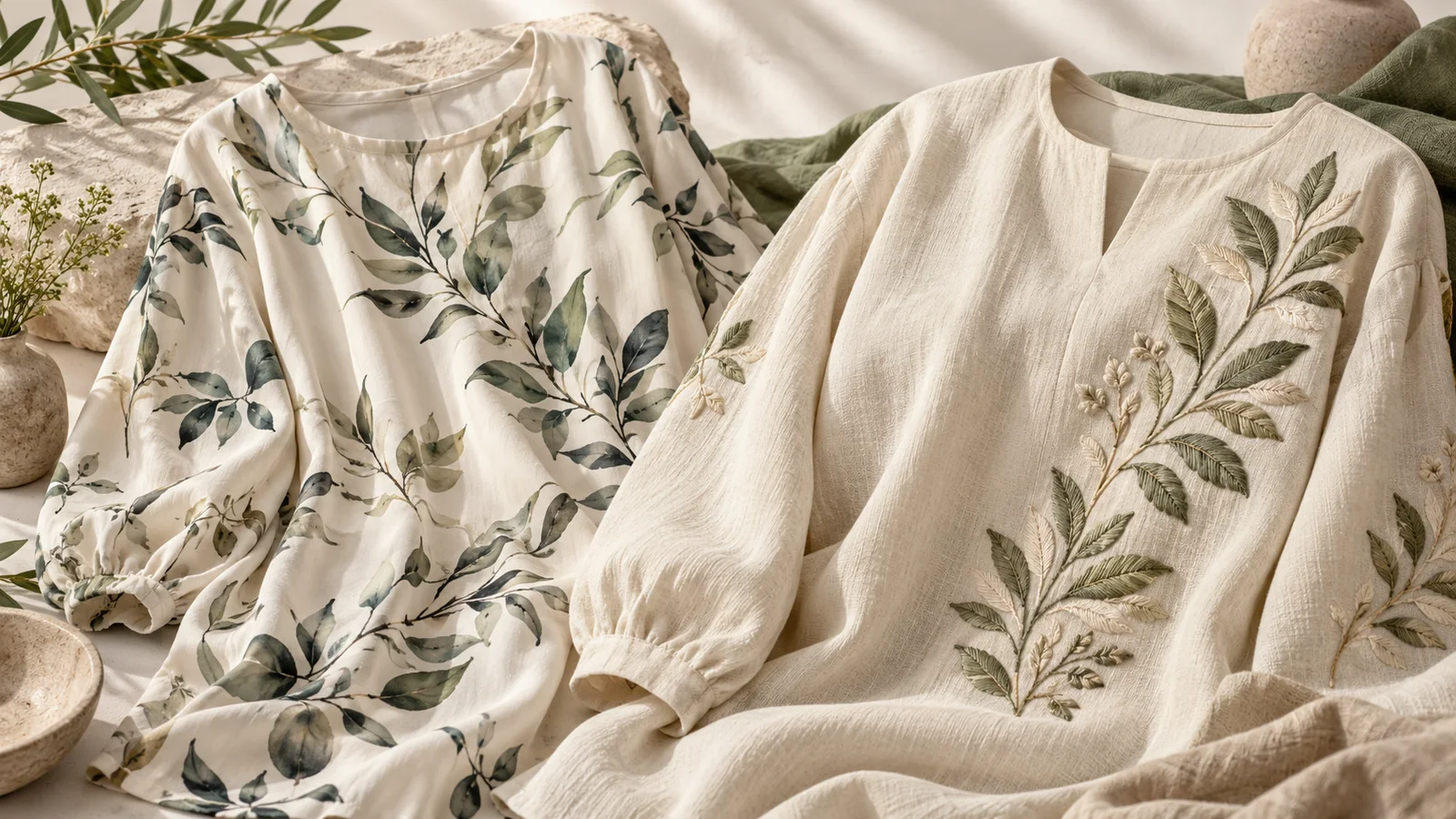 Floral printed fabric beside embroidered fabric — editorial concept