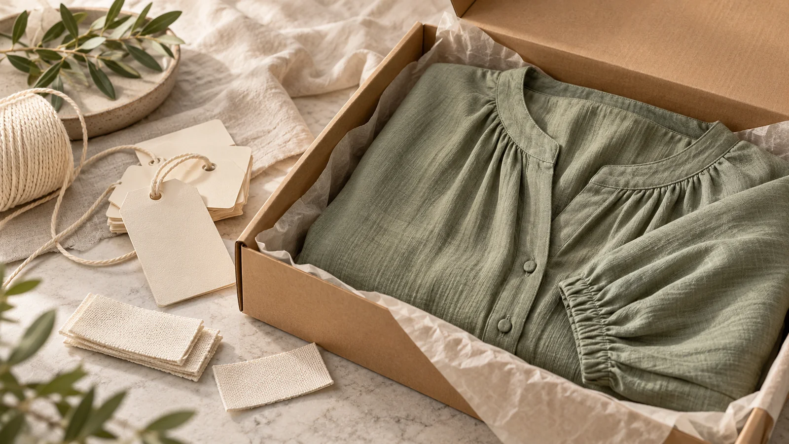 Plain garment labels beside folded sage trousers — editorial concept