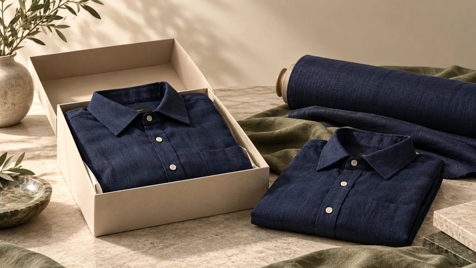 Navy shirt in an open box beside a folded reference — editorial concept