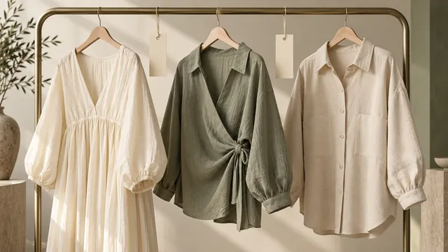 Three sample garments on a rail with blank tags — editorial concept