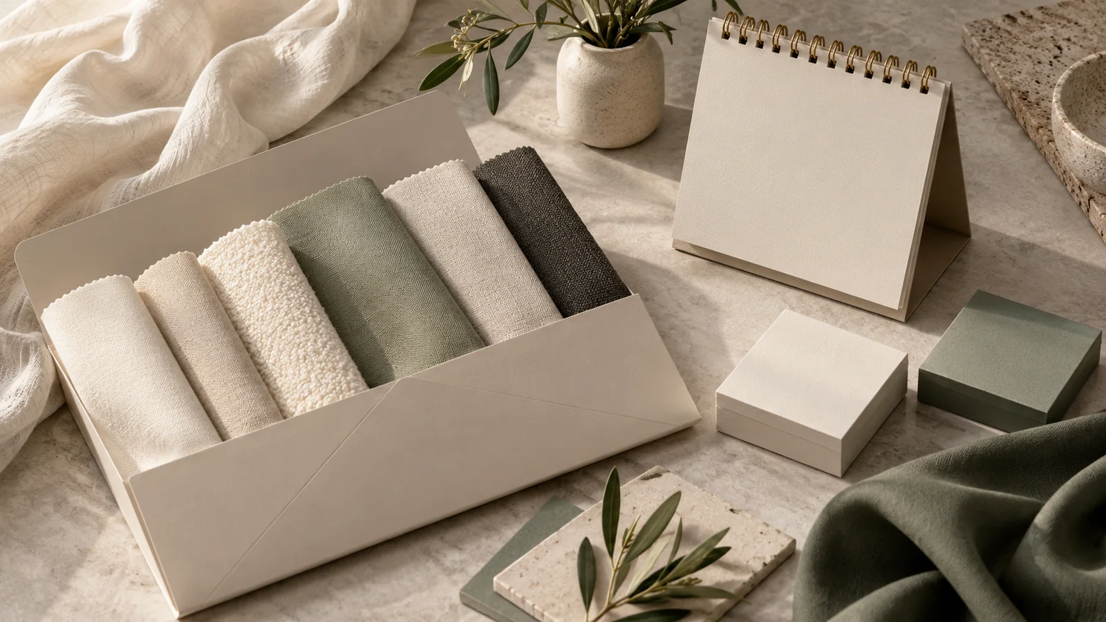 Open calendar and neutral fabric samples — editorial concept