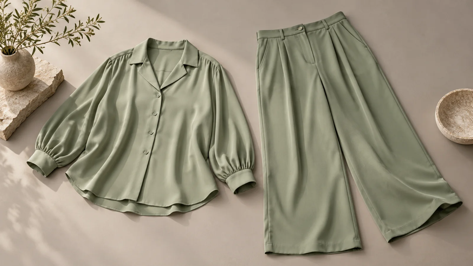 Sage coordinated top and wide-leg trousers — editorial concept