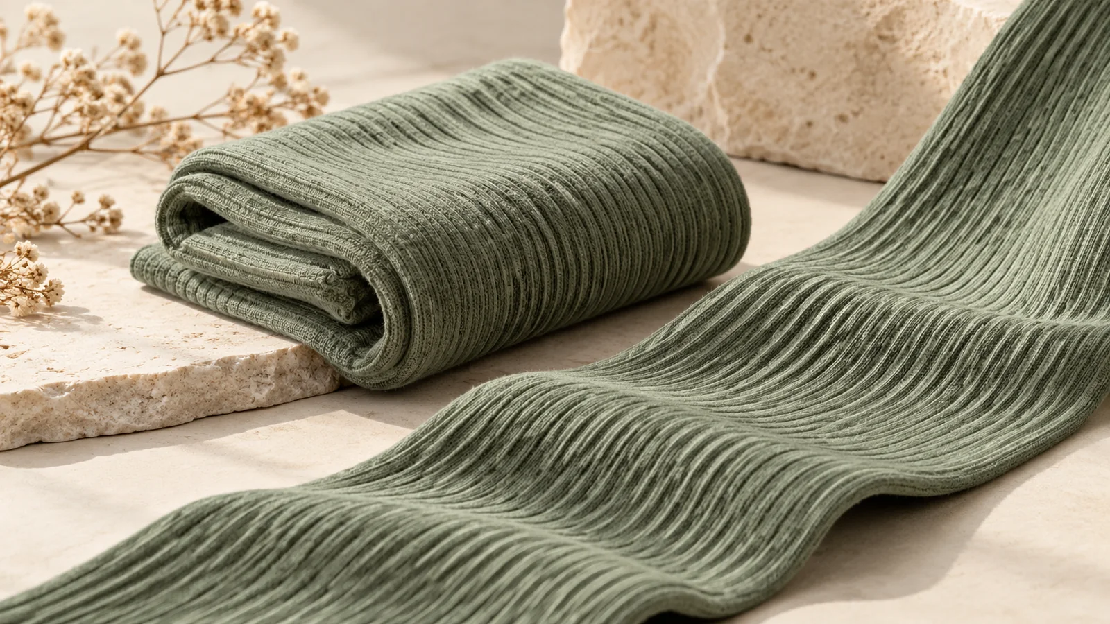 Sage ribbed knit fabric arranged in soft folds — editorial concept