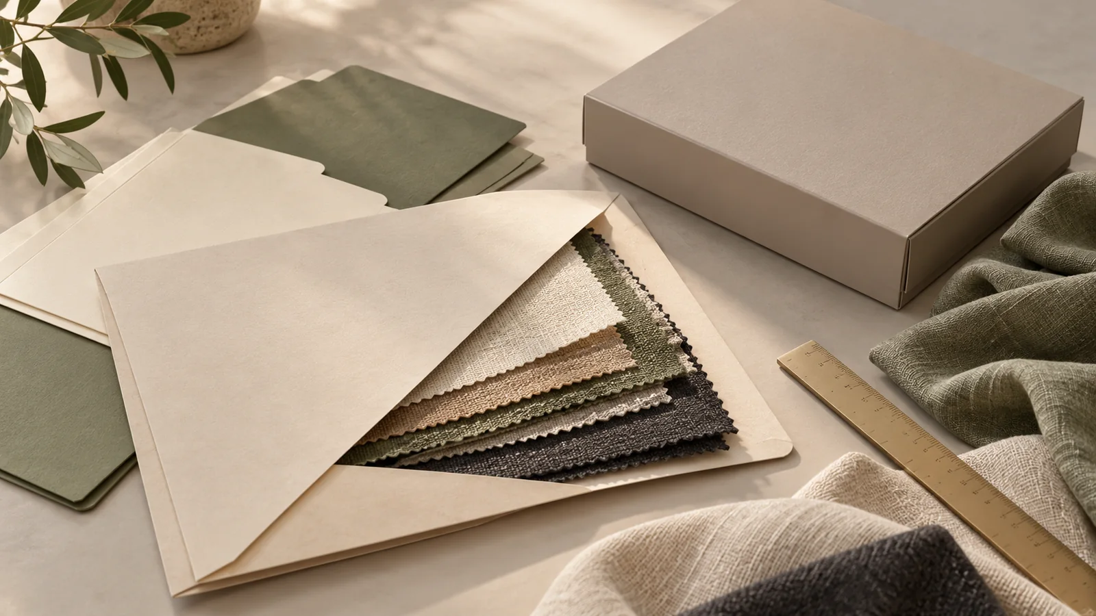 Blank evidence folder beside fabric and packaging samples — editorial concept
