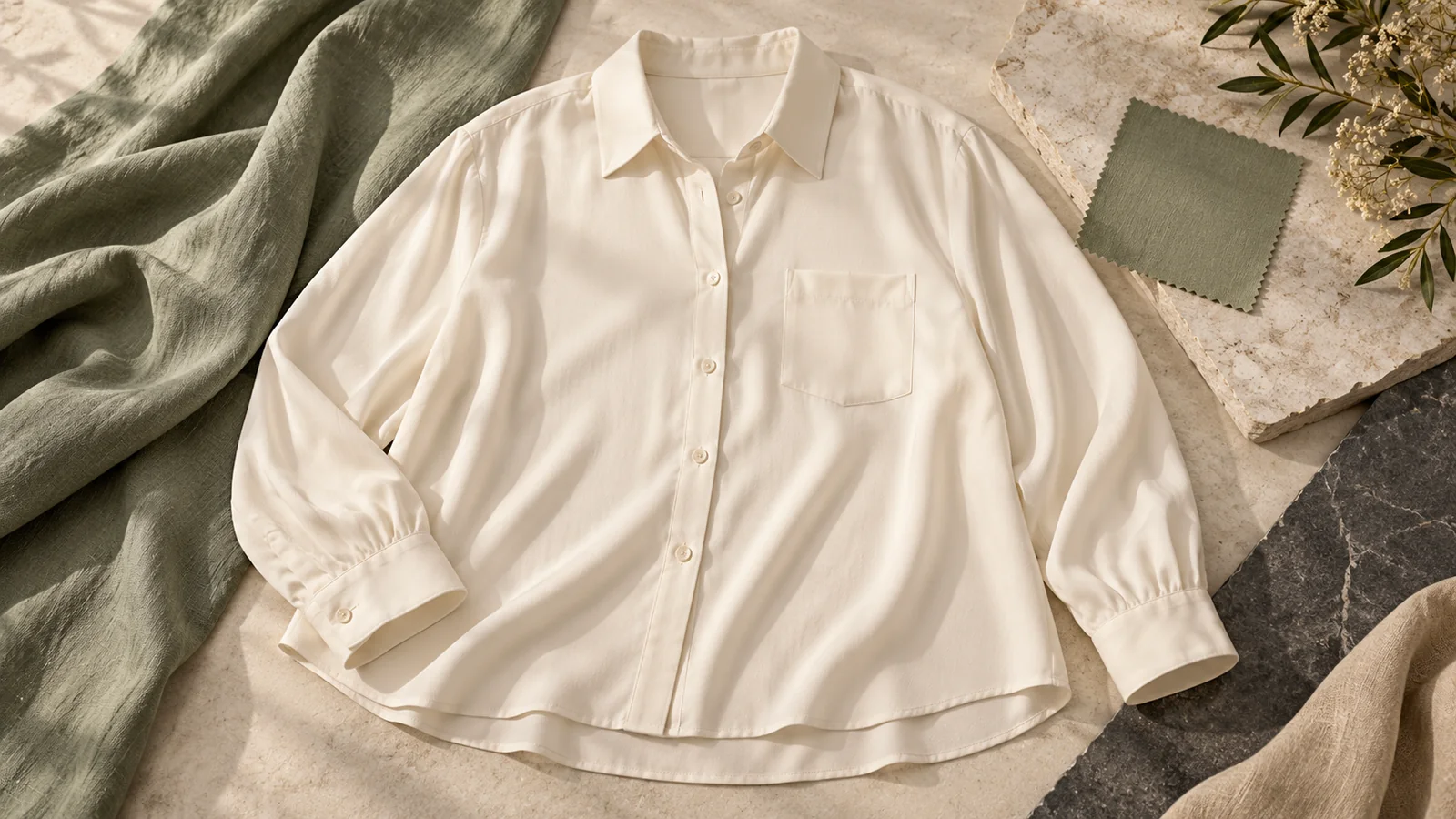 Ivory blouse arranged beside fabric swatches — editorial concept