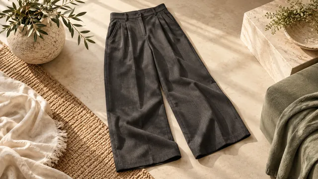 Charcoal trousers laid flat on a neutral surface — editorial concept