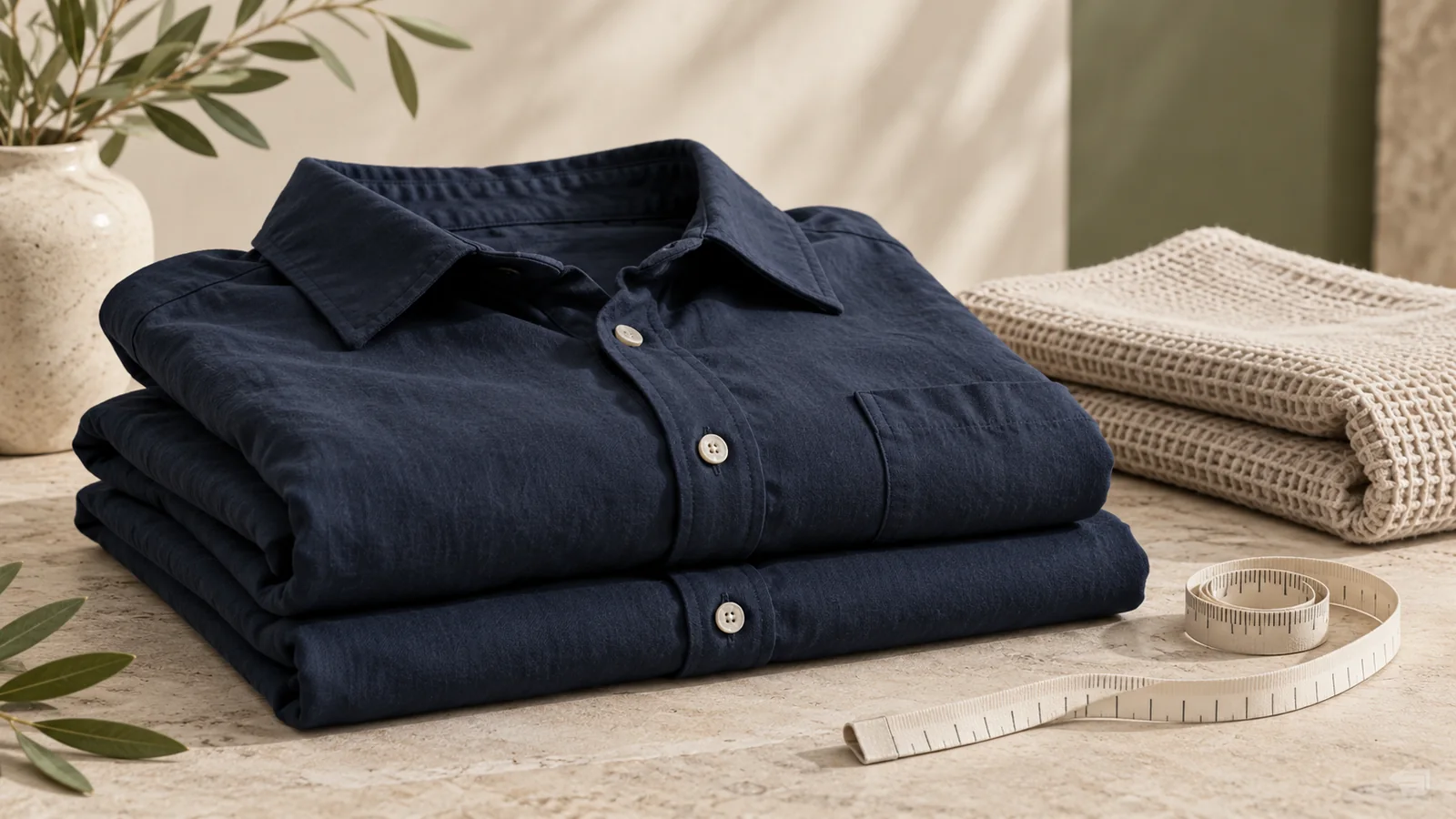 Folded navy shirts beside neutral knitwear — editorial concept